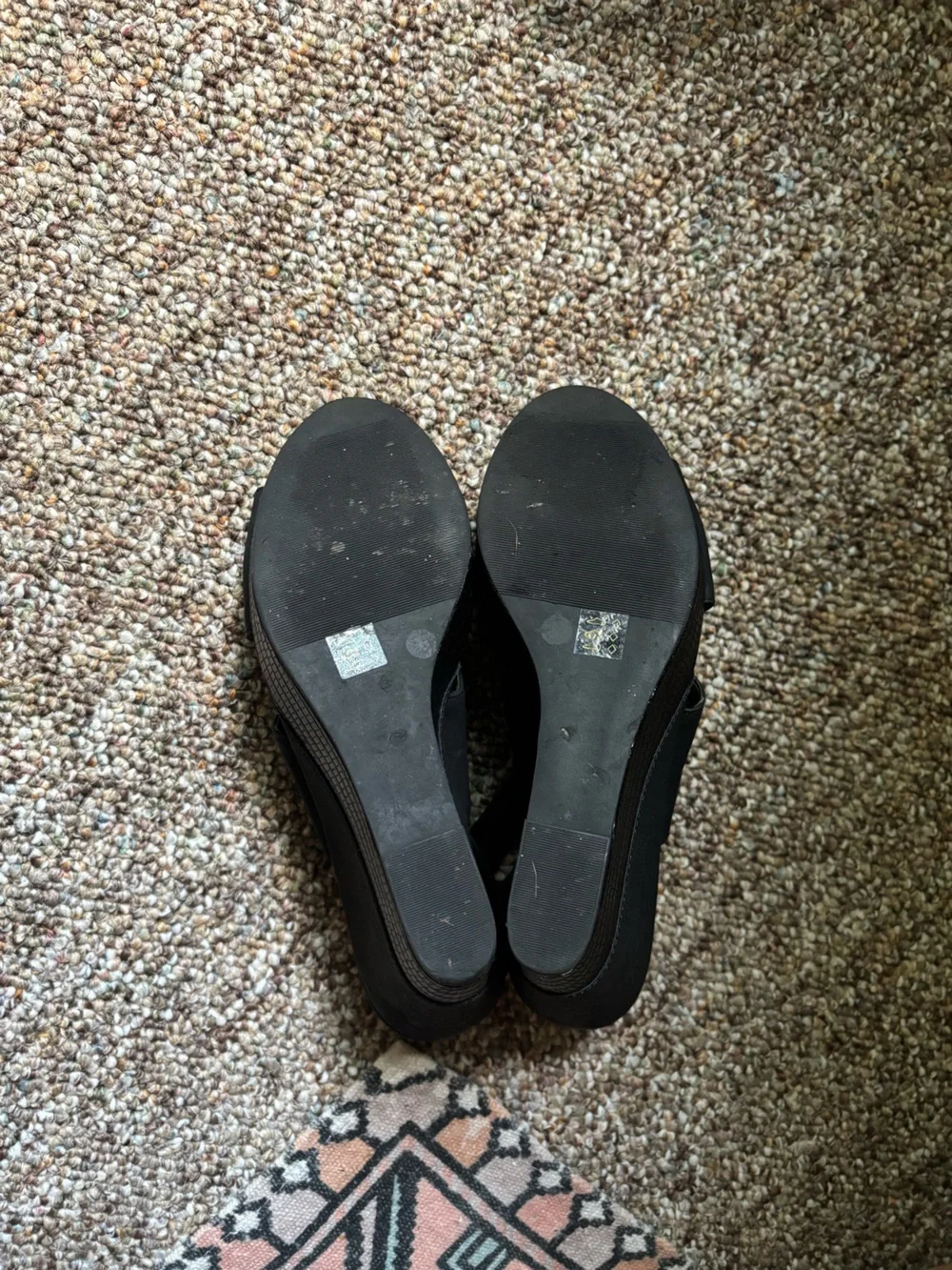 Chinese Laundry Black Peep-Toe Wedge Sandals with Silver Buckle